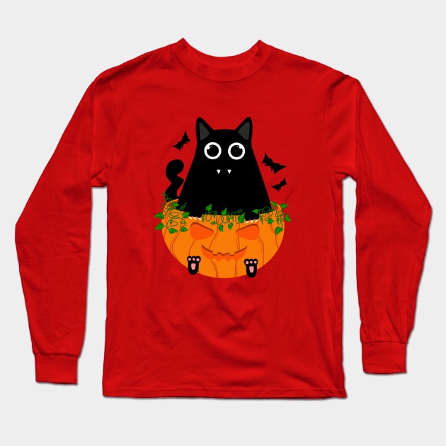 Cute Spooky Black Cat with Fangs Sits in Halloween Pumpkin Long Sleeve T-Shirt by Andrew Collins